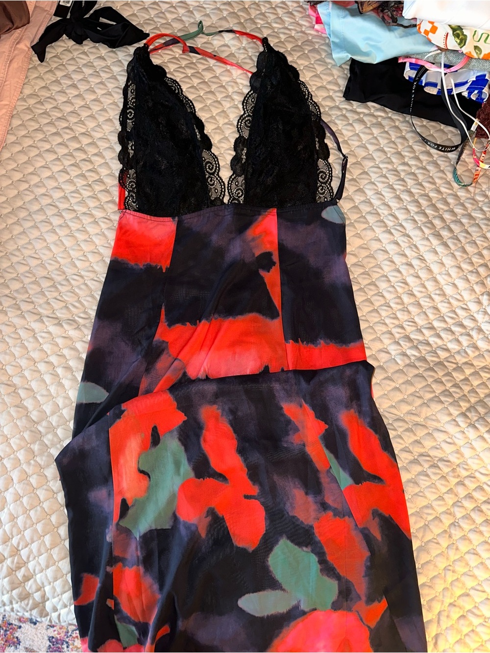 Fashion Nova Black Lace Slip Dress with Red and Green Floral Print